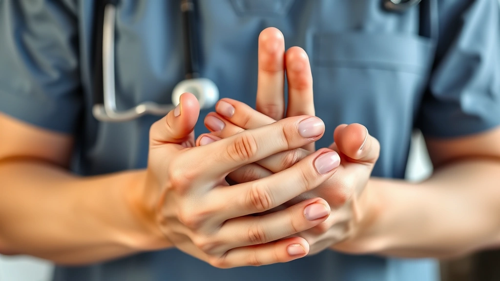 Close-up of hands in therapeutic gesture showing care and support, warm skin tones, gentle compassionate touch, professional healthcare setting, no visible faces