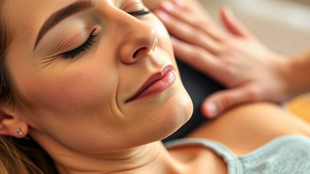 Close-up of patient's face showing peaceful mindfulness meditation during physical therapy, with soft warm lighting and gentle hand placement on shoulder, conveying therapeutic compassion and healing presence