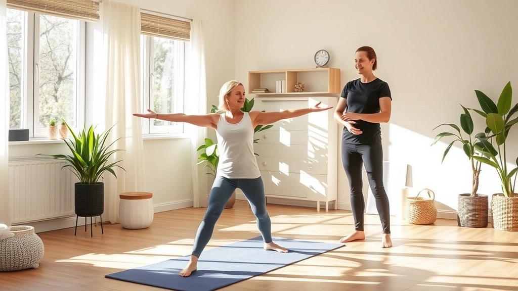 Patient performing mindful movement exercises in sunny therapy room with supportive therapist observing proper form