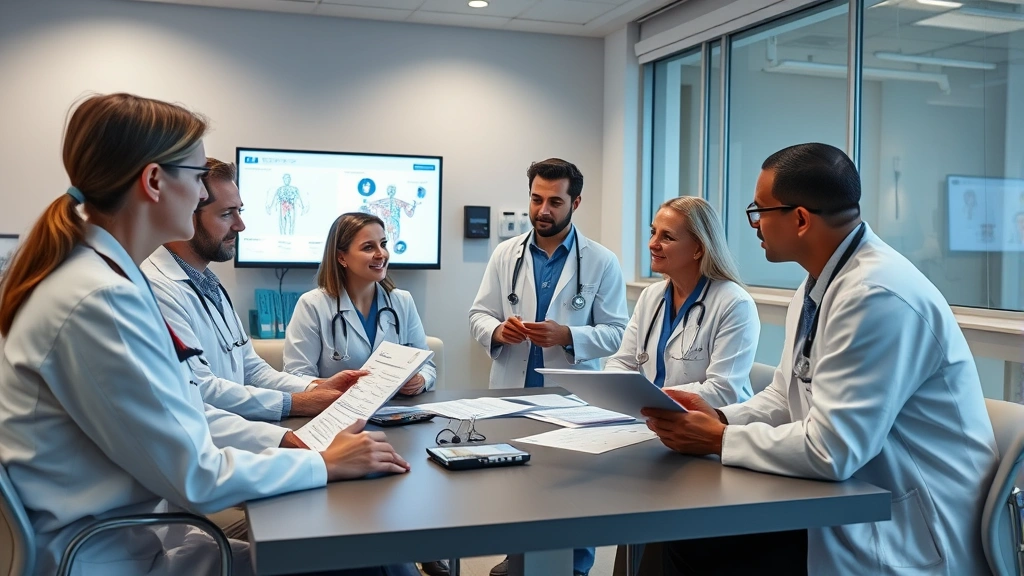 Diverse group of healthcare professionals in team meeting discussing rehabilitation plan, modern medical office environment, collaborative discussion with patient charts and digital displays
