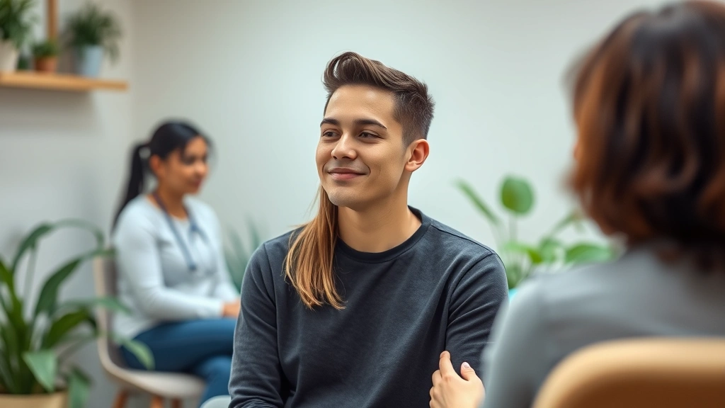 A peaceful moment of a person in a therapy session with excellent posture, looking confident and hopeful, therapist in background providing supportive guidance, nature-inspired clinic interior with calming colors and plants