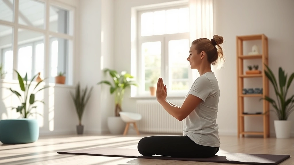 Bright modern rehabilitation clinic space with natural light streaming through windows, patient performing mindful stretching exercise with therapist providing supportive guidance, conveying integrated holistic wellness approach