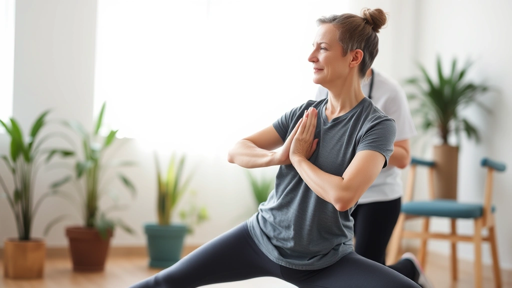 Individual performing gentle yoga stretch in rehabilitation setting with therapist nearby, natural light, plants in background, showing mindful movement and body awareness