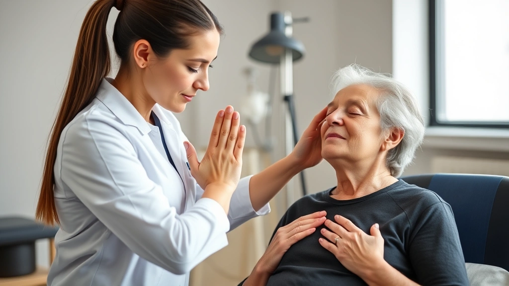 Therapist guiding patient through breathing exercise during rehabilitation session, compassionate clinical environment, both subjects showing peaceful focus and concentration