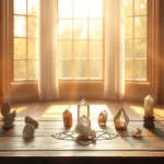 A serene meditation space with soft golden light filtering through windows, featuring crystals and sacred geometry symbols on a wooden table, peaceful and ethereal atmosphere