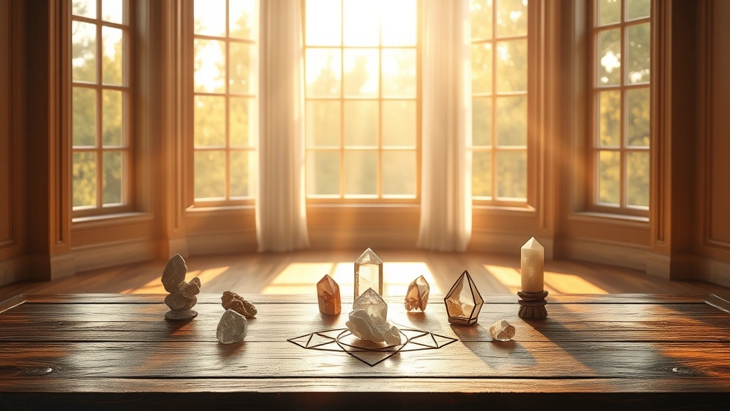 A serene meditation space with soft golden light filtering through windows, featuring crystals and sacred geometry symbols on a wooden table, peaceful and ethereal atmosphere