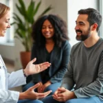 Professional therapist conducting personalized wellness assessment with patient in modern clinical setting, natural lighting, diverse individuals, focus on compassionate interaction and holistic health evaluation