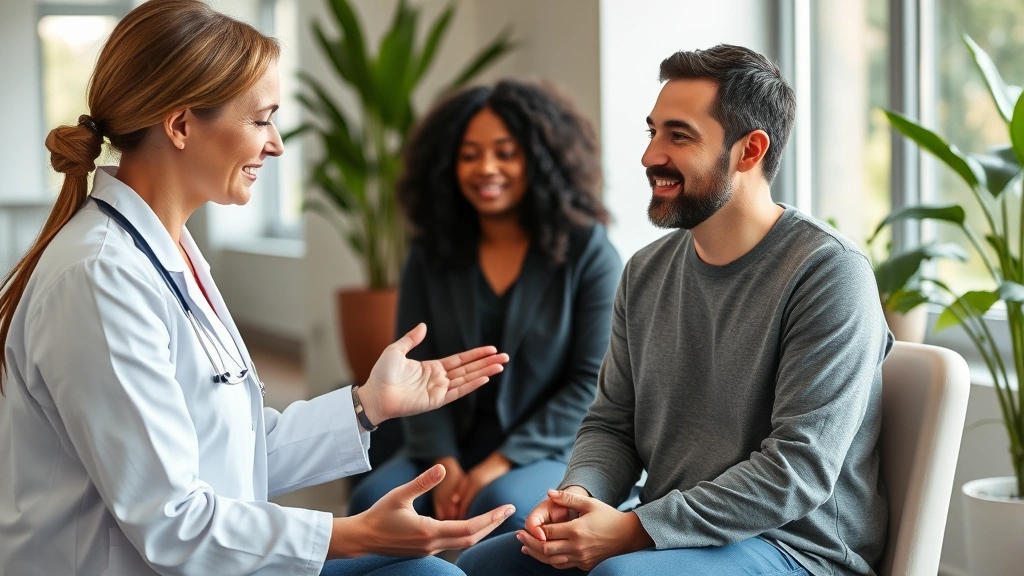 Professional therapist conducting personalized wellness assessment with patient in modern clinical setting, natural lighting, diverse individuals, focus on compassionate interaction and holistic health evaluation