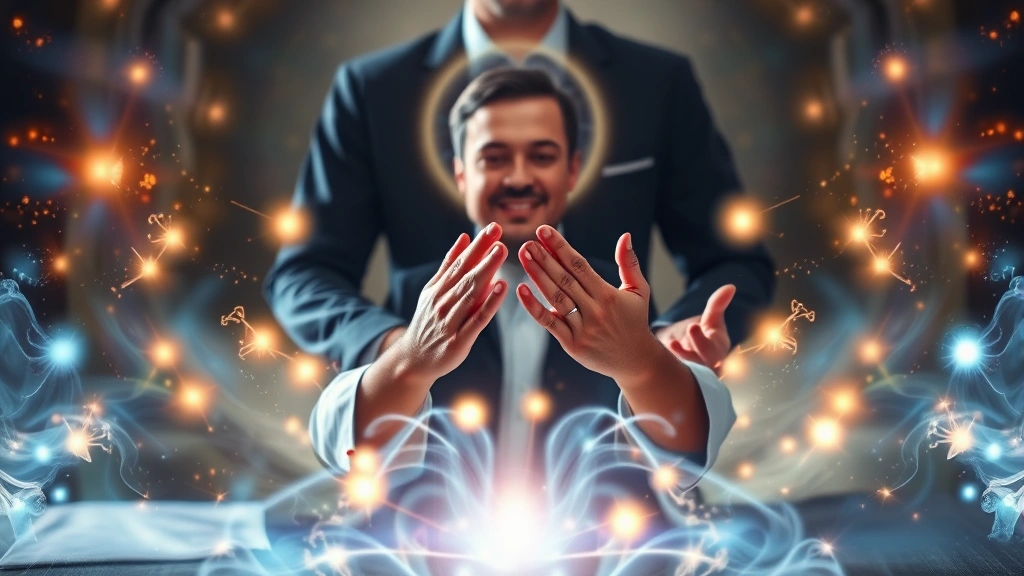 A professional therapist with hands in a meditative gesture surrounded by glowing energy fields and spiritual light, creating an atmosphere of healing and wisdom transfer