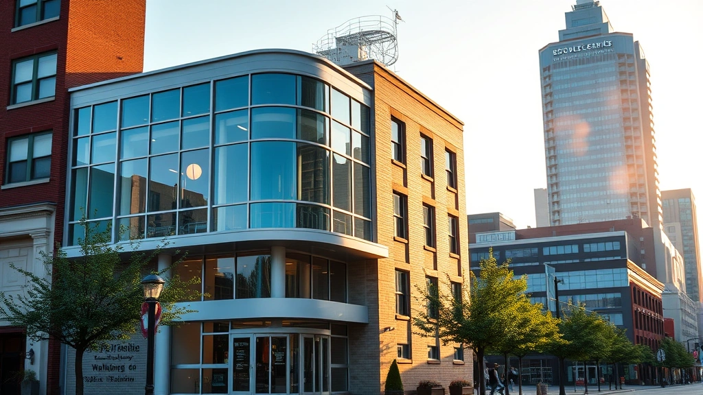 Peaceful Philadelphia cityscape with healthcare clinic building, morning light, professional wellness center exterior, urban therapy environment, peaceful atmosphere reflecting healing and health