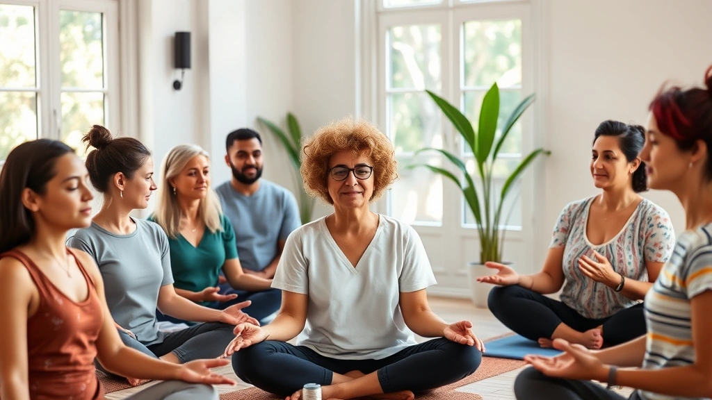 Diverse group of people in wellness community session, practicing mindfulness or therapeutic techniques together, inclusive therapeutic environment, natural light, supportive group dynamics and healing