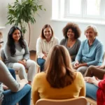 Diverse group of adults sitting in circle during therapy session, professional setting, natural lighting, engaged and supportive expressions, no visible text or screens