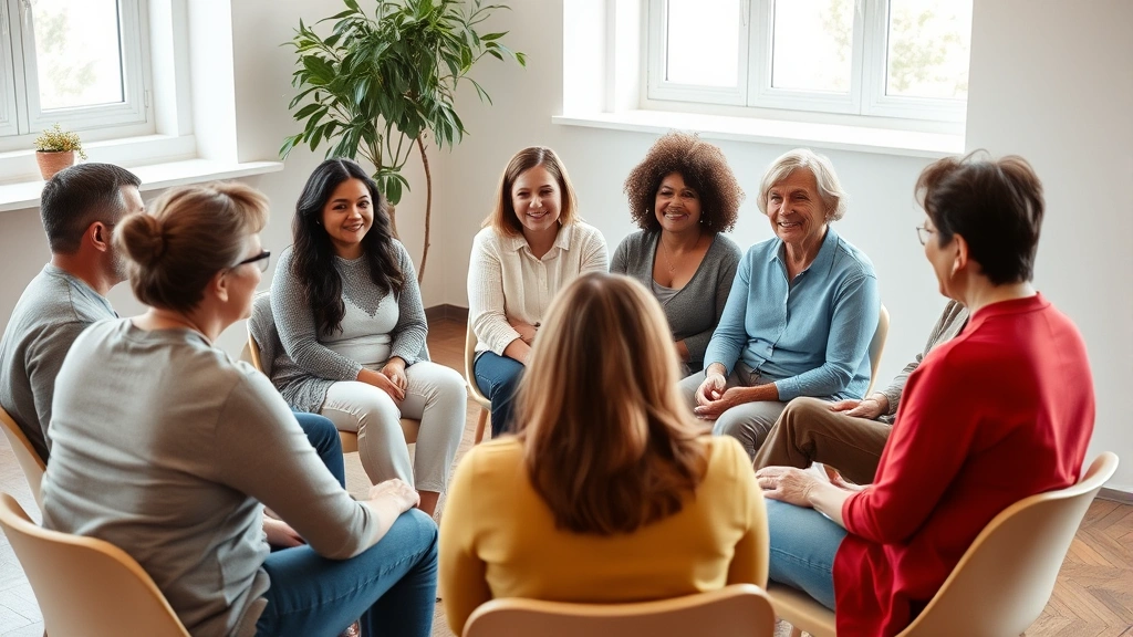 Diverse group of adults sitting in circle during therapy session, professional setting, natural lighting, engaged and supportive expressions, no visible text or screens