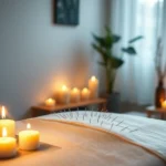 Serene acupuncture treatment room with lit candles, needles on wooden table, soft warm lighting, peaceful wellness environment, no people visible, calming botanical elements