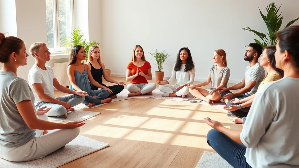 A diverse group of people sitting in a circle during a mindfulness meditation session in a peaceful, naturally-lit room with soft wooden floors and potted plants, eyes closed in calm concentration