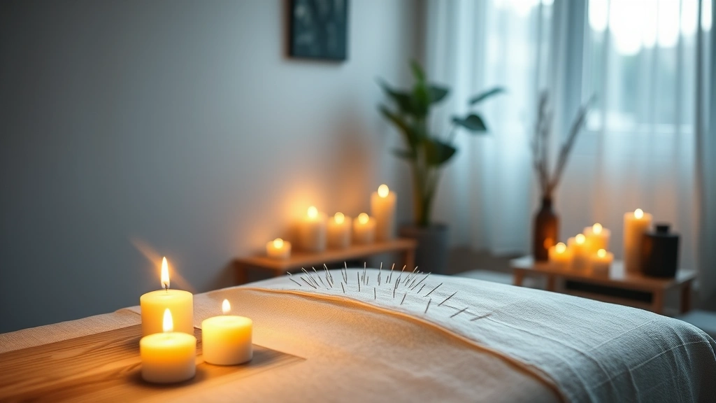Serene acupuncture treatment room with lit candles, needles on wooden table, soft warm lighting, peaceful wellness environment, no people visible, calming botanical elements