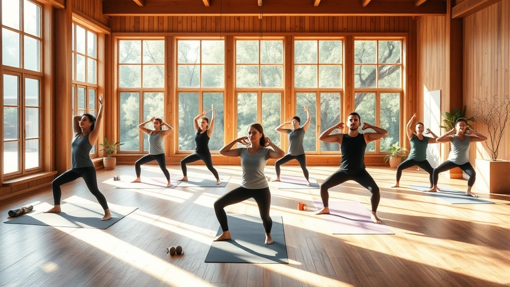 A serene yoga studio with practitioners in warrior pose on mats, natural sunlight streaming through large windows, peaceful expressions, wooden studio interior with minimal decor
