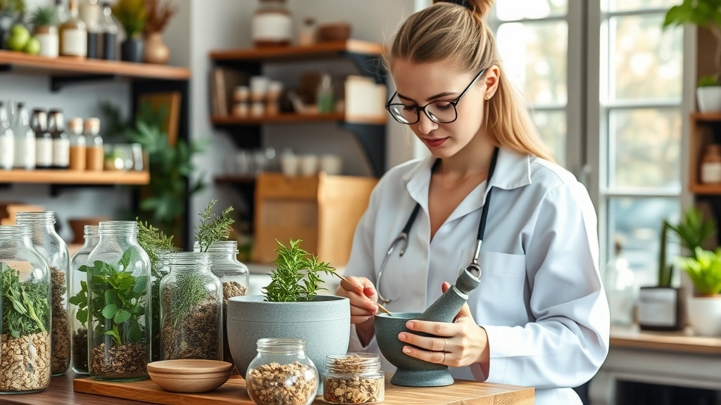 Professional herbalist preparing natural remedies in modern apothecary setting, glass jars with dried herbs and plants, mortar and pestle, natural sunlight through windows, clean organized workspace