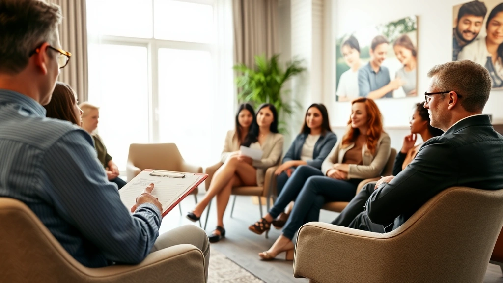Group therapy facilitator taking notes while diverse participants listen thoughtfully, comfortable chairs in circle, bright natural light, professional but warm atmosphere