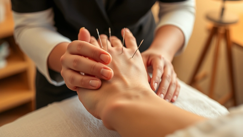 Close-up of hands receiving acupuncture treatment with fine needles placed on wrist acupoints, calm professional setting, warm lighting, focused therapeutic atmosphere
