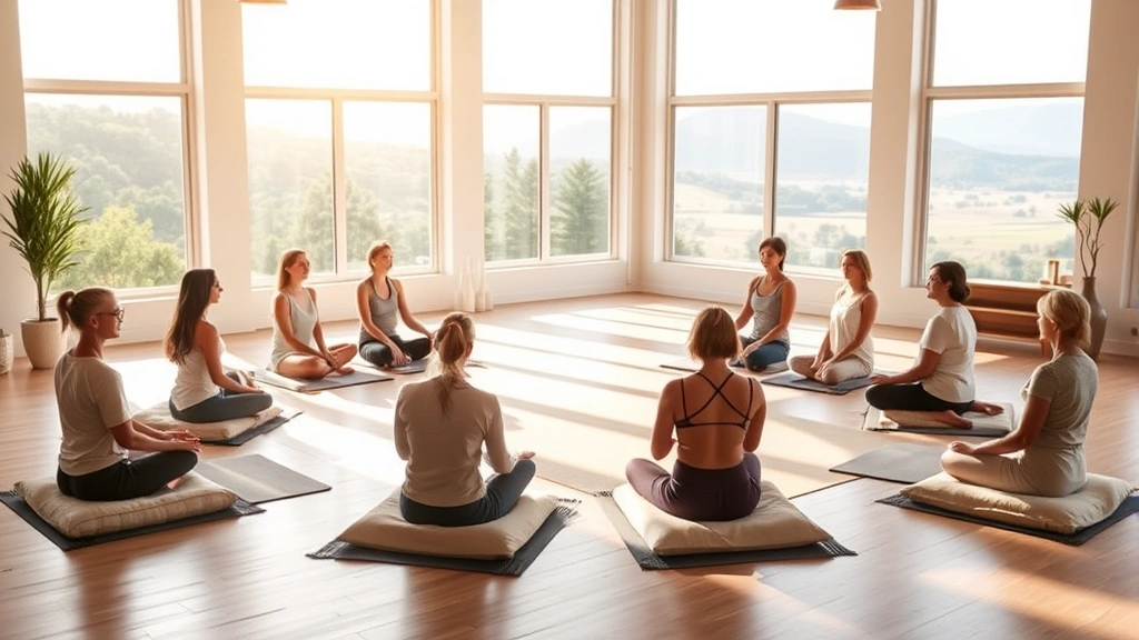 Group meditation session in bright wellness studio with cushions arranged in circle, large windows showing natural landscape, peaceful atmosphere, diverse people sitting peacefully, warm natural light