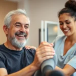 A patient smiling during a physical therapy session with a therapist guiding their leg movement, bright clinic lighting, showing relief and confidence in their expression