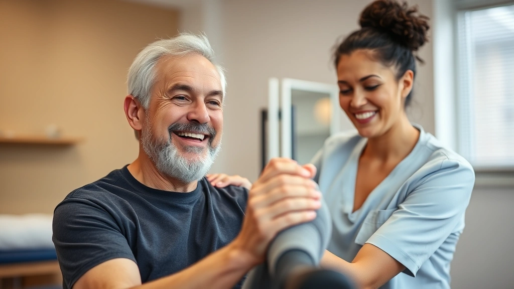 A patient smiling during a physical therapy session with a therapist guiding their leg movement, bright clinic lighting, showing relief and confidence in their expression