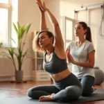 Patient performing mindful yoga pose during physical therapy session with therapist guidance, serene clinical environment, warm natural lighting, focused breathing exercise