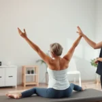 A serene physical therapy clinic with soft natural lighting, a patient performing a mindful stretching exercise while a therapist observes with calm presence, peaceful and therapeutic environment