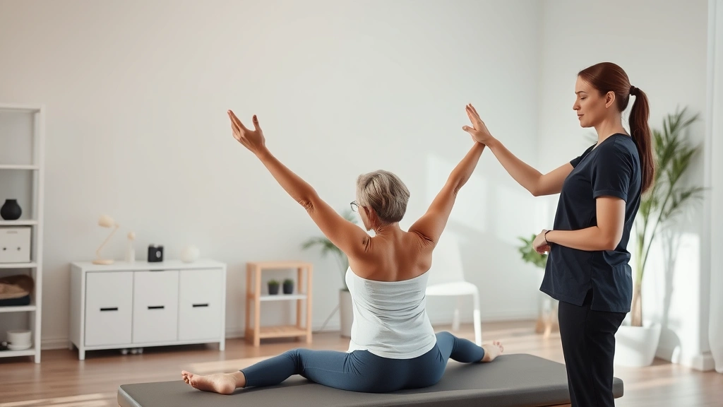 A serene physical therapy clinic with soft natural lighting, a patient performing a mindful stretching exercise while a therapist observes with calm presence, peaceful and therapeutic environment