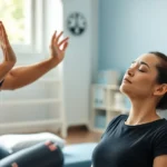 A physical therapist guiding a patient in mindful breathing during a stretching exercise, patient's eyes closed in focused awareness, calm clinic environment with natural light, serene and therapeutic atmosphere, realistic professional setting
