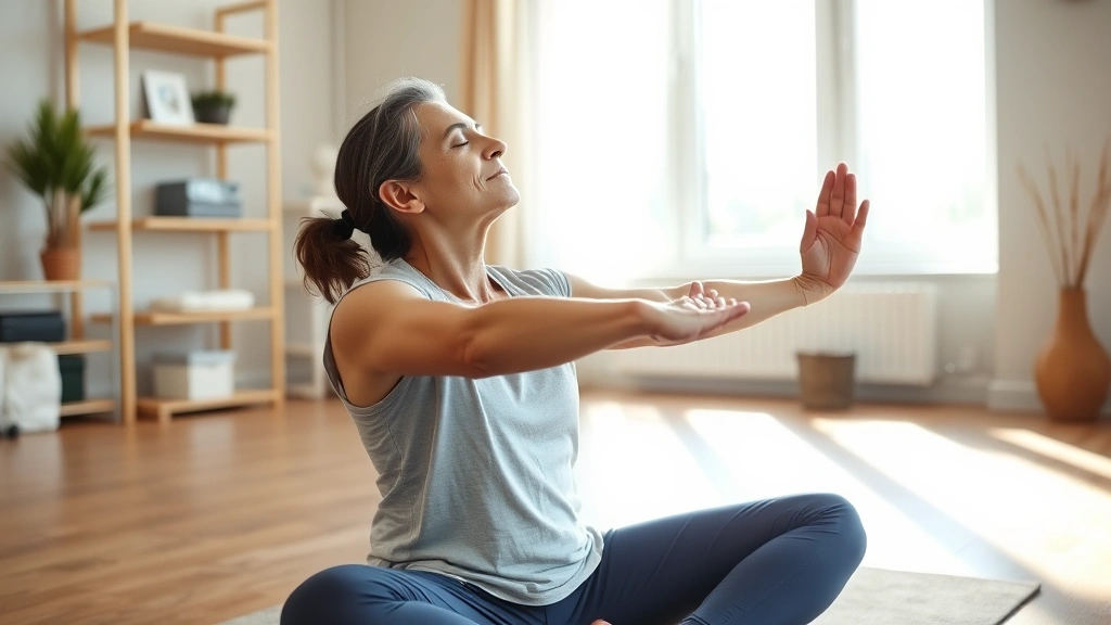 A patient in a modern physical therapy clinic performing a mindful stretching exercise with eyes closed, demonstrating present-moment awareness, sunlit room with wooden floors and minimalist decor