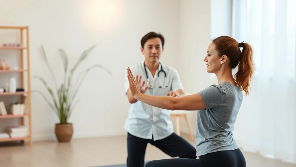 A physiotherapist guiding a patient through a mindful stretching exercise in a serene, minimalist clinic with soft natural lighting, both focused and calm
