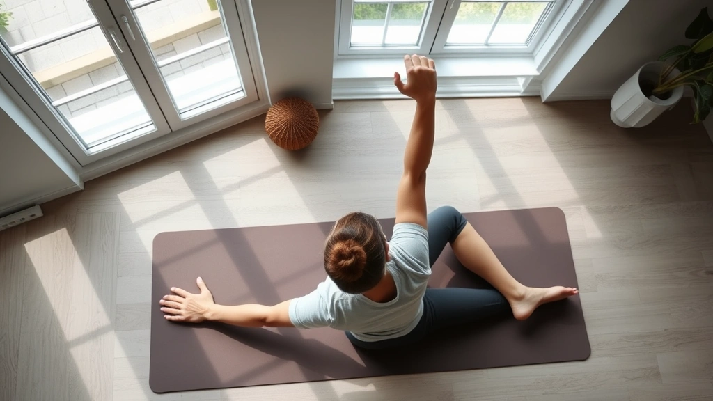An overhead view of a person performing therapeutic stretching exercises on a yoga mat, surrounded by natural light from windows, demonstrating mindful movement and body awareness
