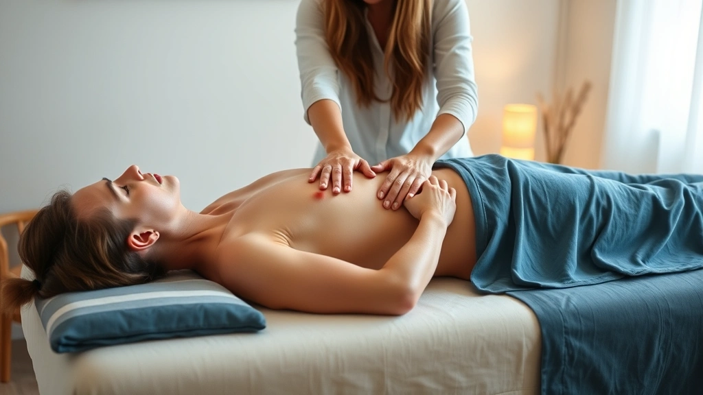 Therapist demonstrating proprioceptive awareness technique with patient lying on therapy table, hands-on guidance showing body awareness, peaceful therapeutic setting with soft colors