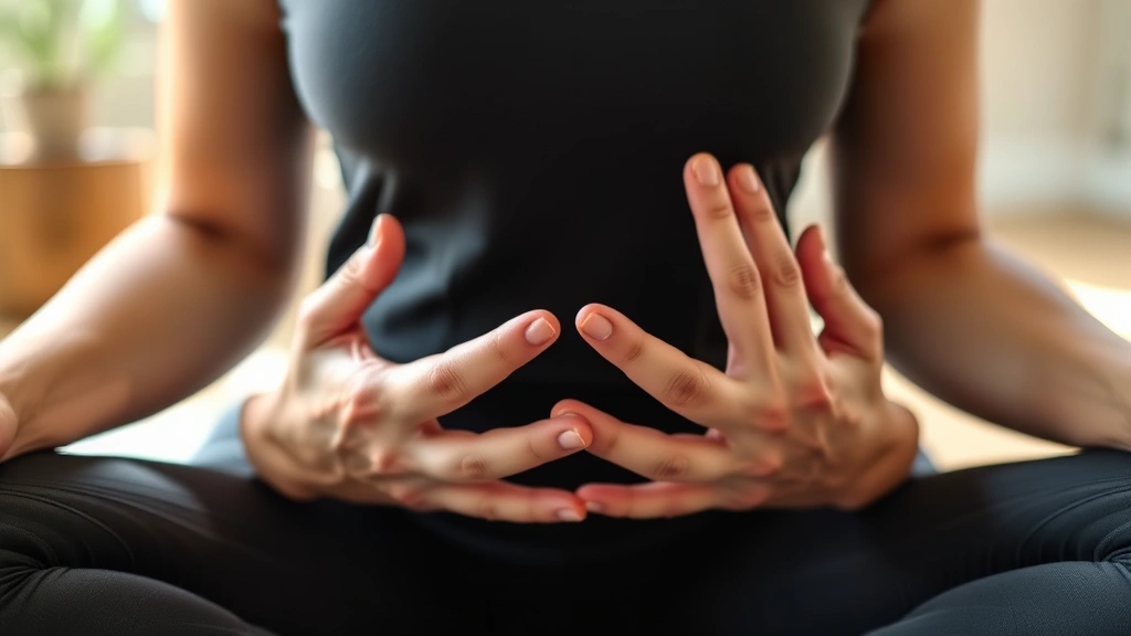 Close-up of a person's hands during diaphragmatic breathing practice in a therapy setting, showing relaxed posture and focused awareness, natural lighting highlighting peaceful moment