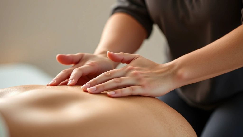 Close-up of hands performing gentle therapeutic movement during mindfulness-based physical therapy session, therapist guiding patient with calm presence, warm clinical lighting, tissue visible