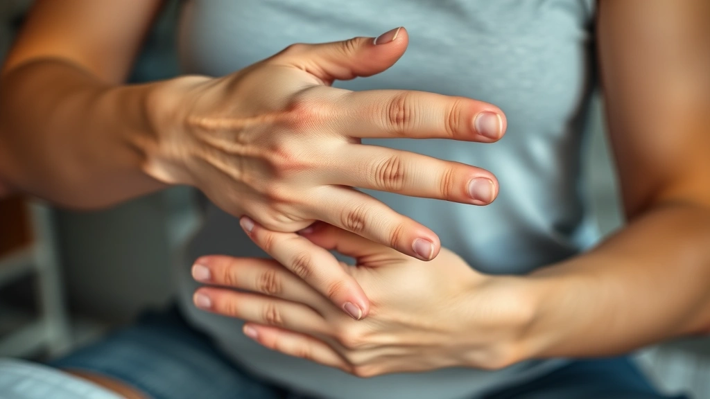 Close-up of a patient's hands performing deliberate therapeutic movements with visible concentration, emphasizing body awareness and proprioceptive engagement