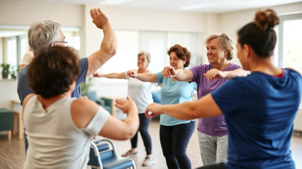 A diverse group of patients doing therapeutic exercises together in a rehabilitation clinic, supportive environment, showing community connection and collective progress in a bright, welcoming space