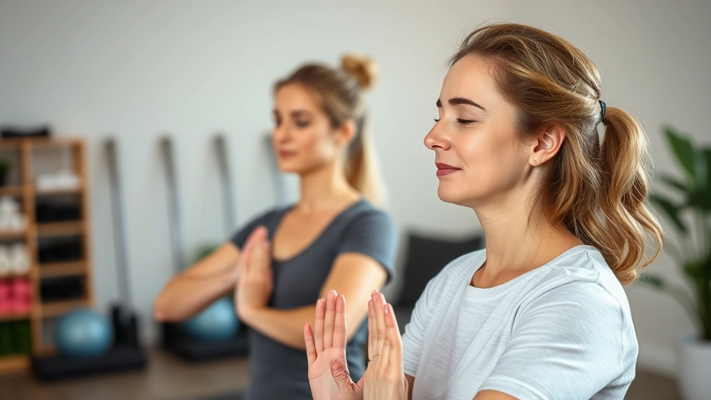 A therapist and patient engaged in mindful movement exercise, patient concentrating on body awareness, therapeutic clinic background with exercise equipment softly blurred, professional wellness atmosphere
