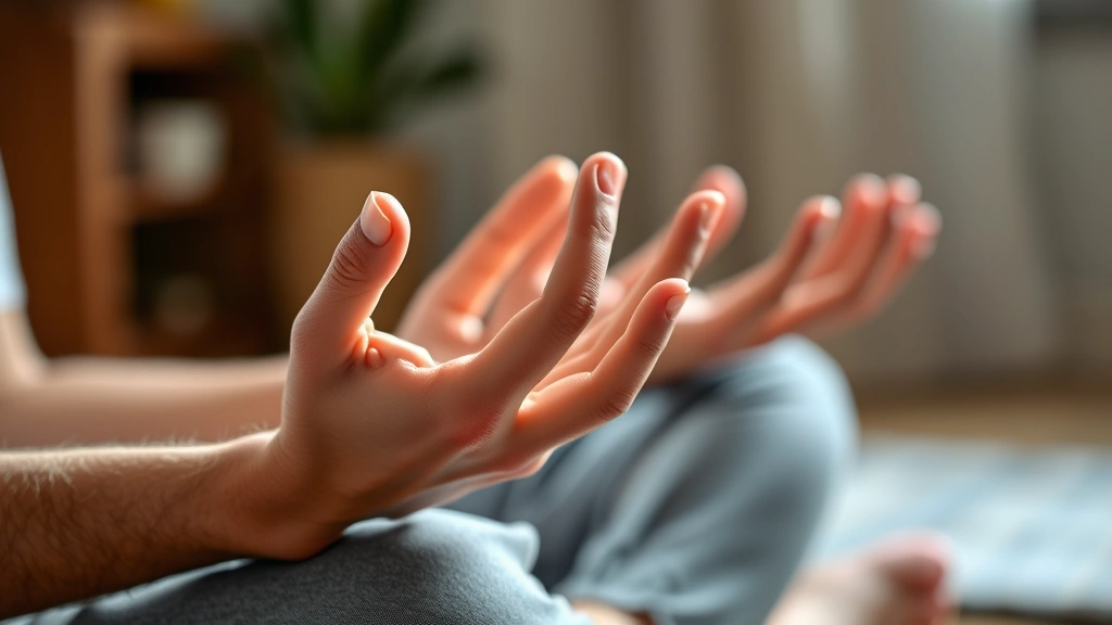 Close-up of a patient's hands during meditation practice in a therapy setting, showing relaxation and mindfulness, with soft natural lighting and calm therapeutic atmosphere