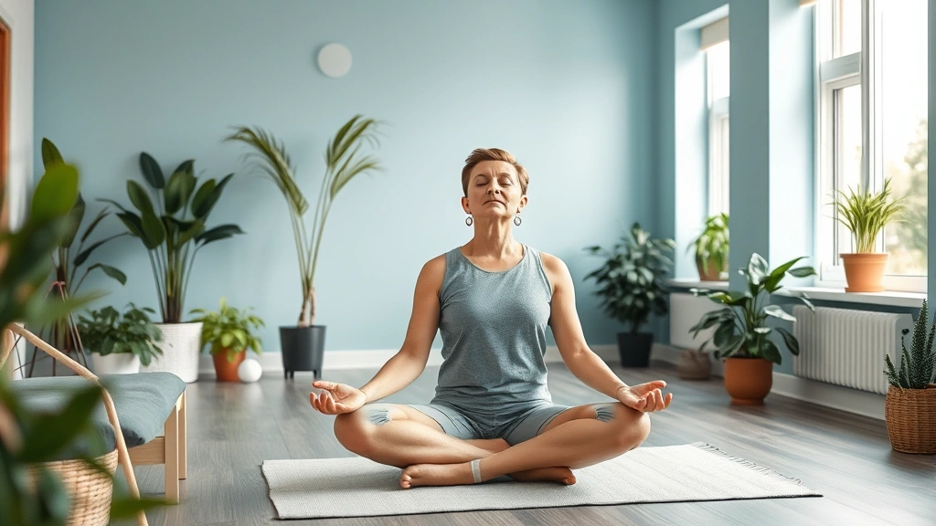A peaceful rehabilitation space with a patient sitting in meditation posture after completing physical therapy, surrounded by plants and natural elements, eyes closed in mindfulness