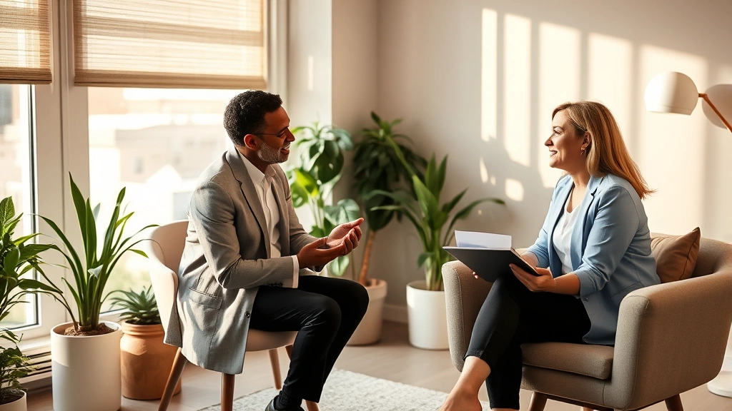 Professional therapist in modern office setting with warm lighting, diverse client and counselor in supportive conversation, comfortable seating, plants and natural light creating safe therapeutic environment