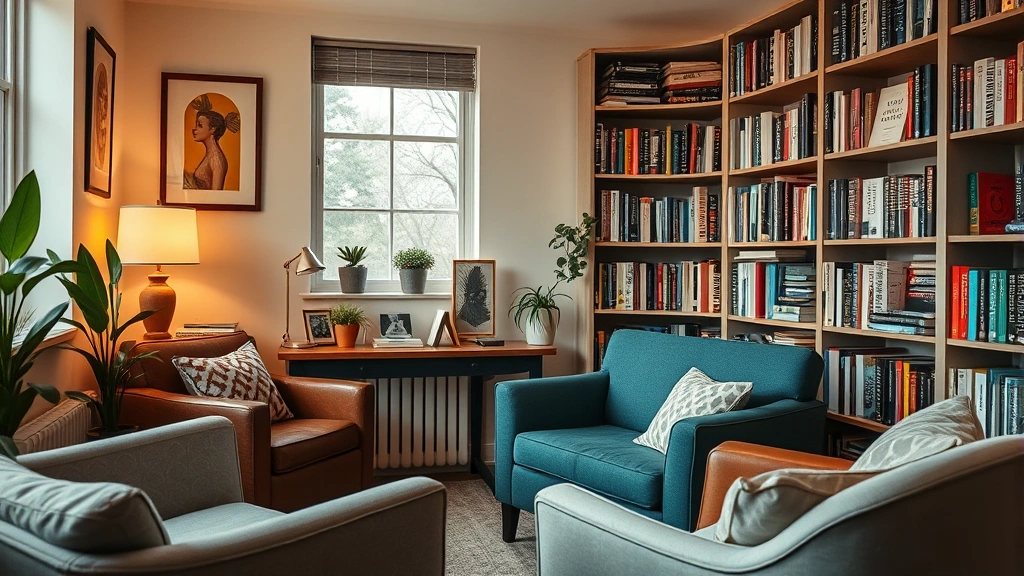 Close-up of a supportive therapist's office with warm lighting, comfortable seating, diverse therapy books on shelves, representing ethical mental health practice and affirming therapeutic spaces