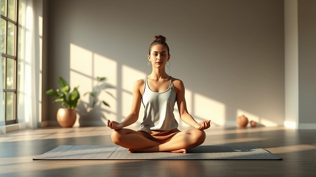 Serene meditation space with soft natural lighting, person sitting peacefully in lotus position on yoga mat, peaceful facial expression, botanical elements in background, calm and healing atmosphere, photorealistic
