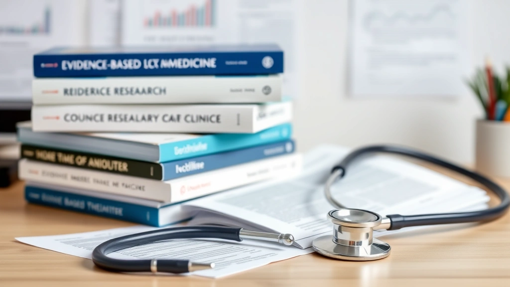 Medical textbooks and research papers on desk with stethoscope, representing evidence-based medicine and clinical research opposing conversion therapy practices