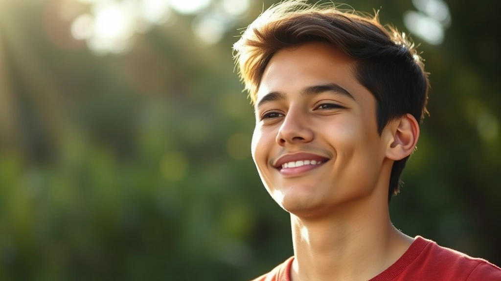 Young adult with peaceful expression in natural sunlight, appearing relieved and hopeful, suggesting recovery and healing from trauma, photorealistic emotional wellness imagery