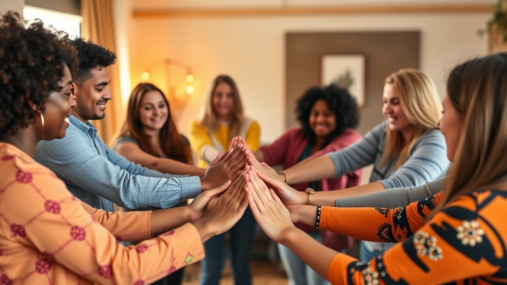 Support group circle of diverse individuals holding hands in affirming community space, warm lighting, representing healing and authentic identity acceptance