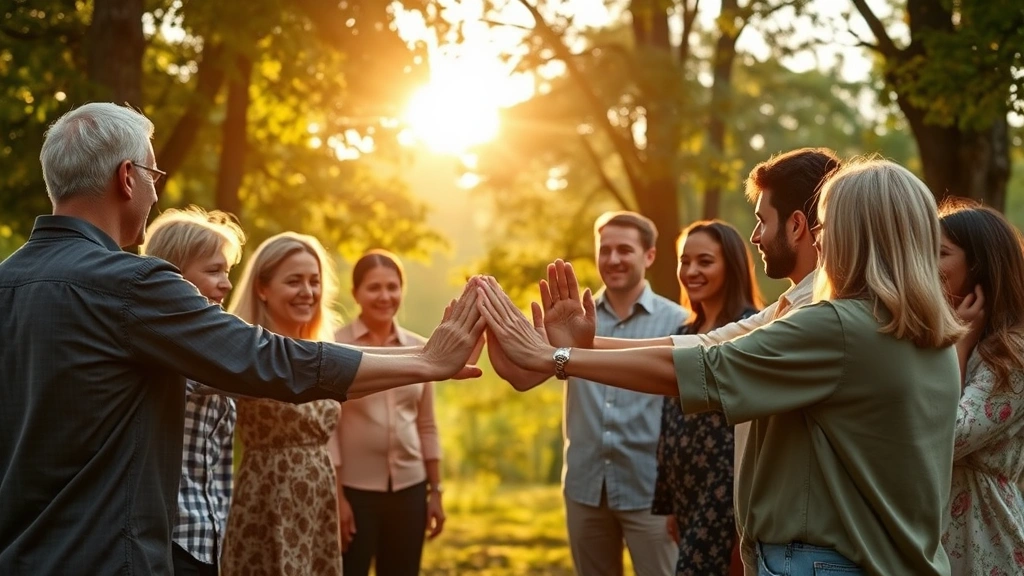 Support group circle of diverse people holding hands in outdoor natural setting, sunlight filtering through trees, expressions of hope and connection, inclusive and healing energy, photorealistic warm tones