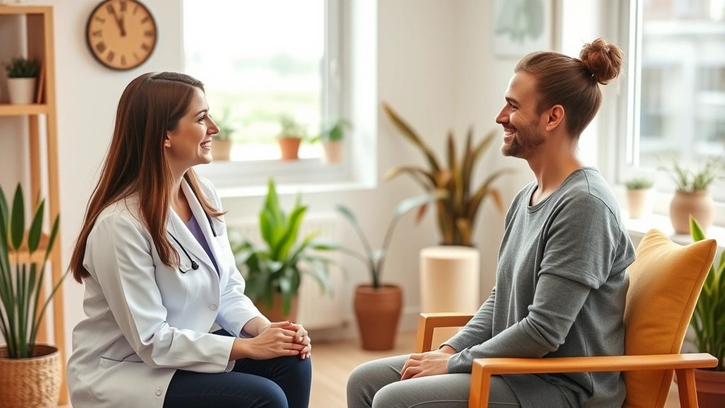 Professional therapist and client in warm office setting, compassionate interaction, modern therapy room with plants and natural light, welcoming healthcare space